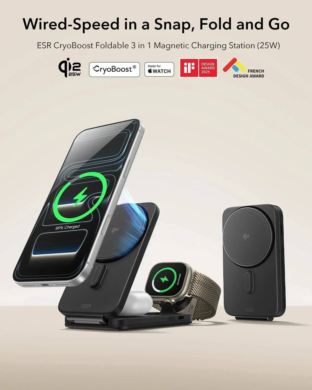 CryoBoost Foldable 3-in-1 Magnetic Charging Station  (25W) – US Plug-Black - Image 4