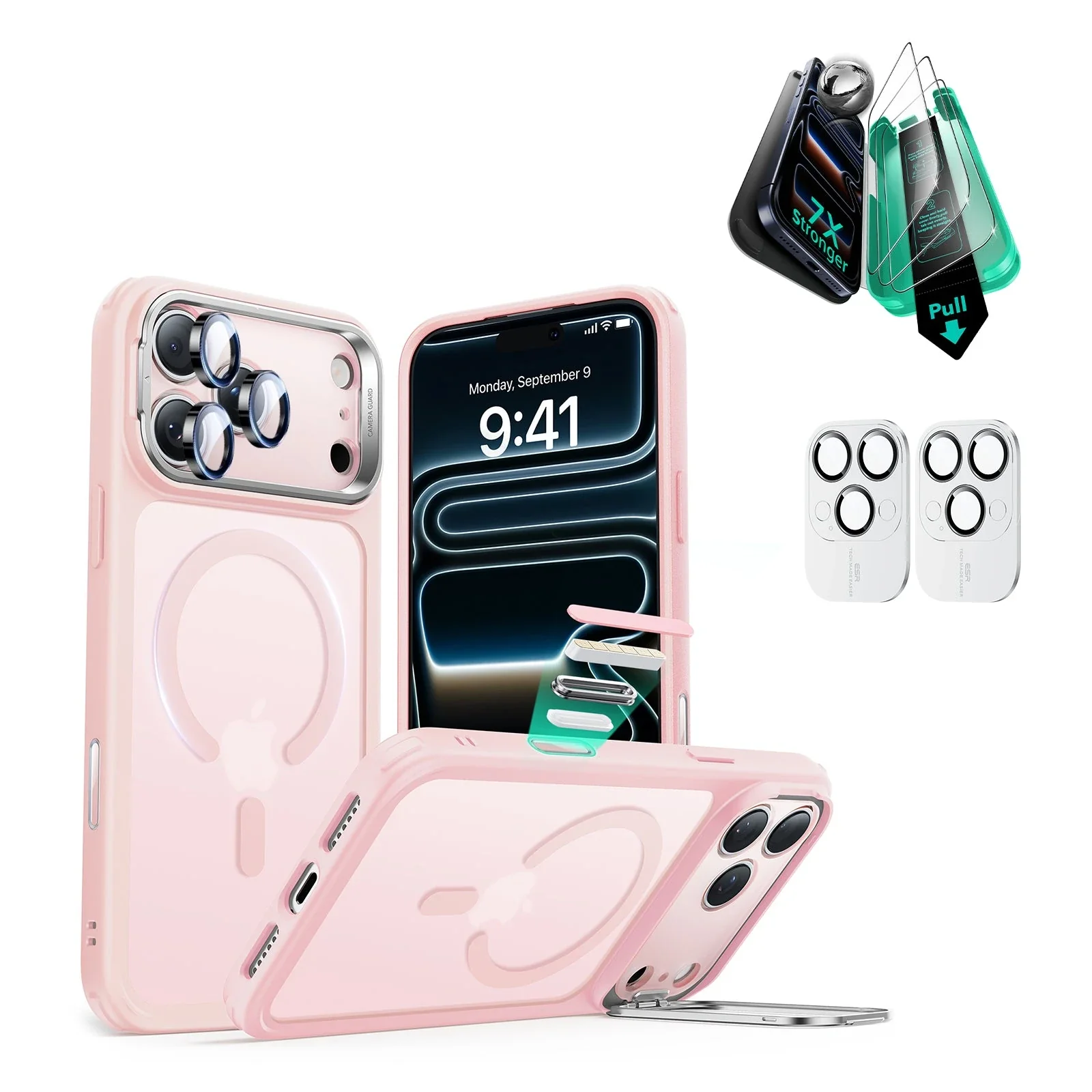 iPhone 17 Pro Max Bundle Classic Hybrid Magnetic Case (Camera Control, Stash Stand) and Armorite Screen Protector - Frosted Bubblegum Pink