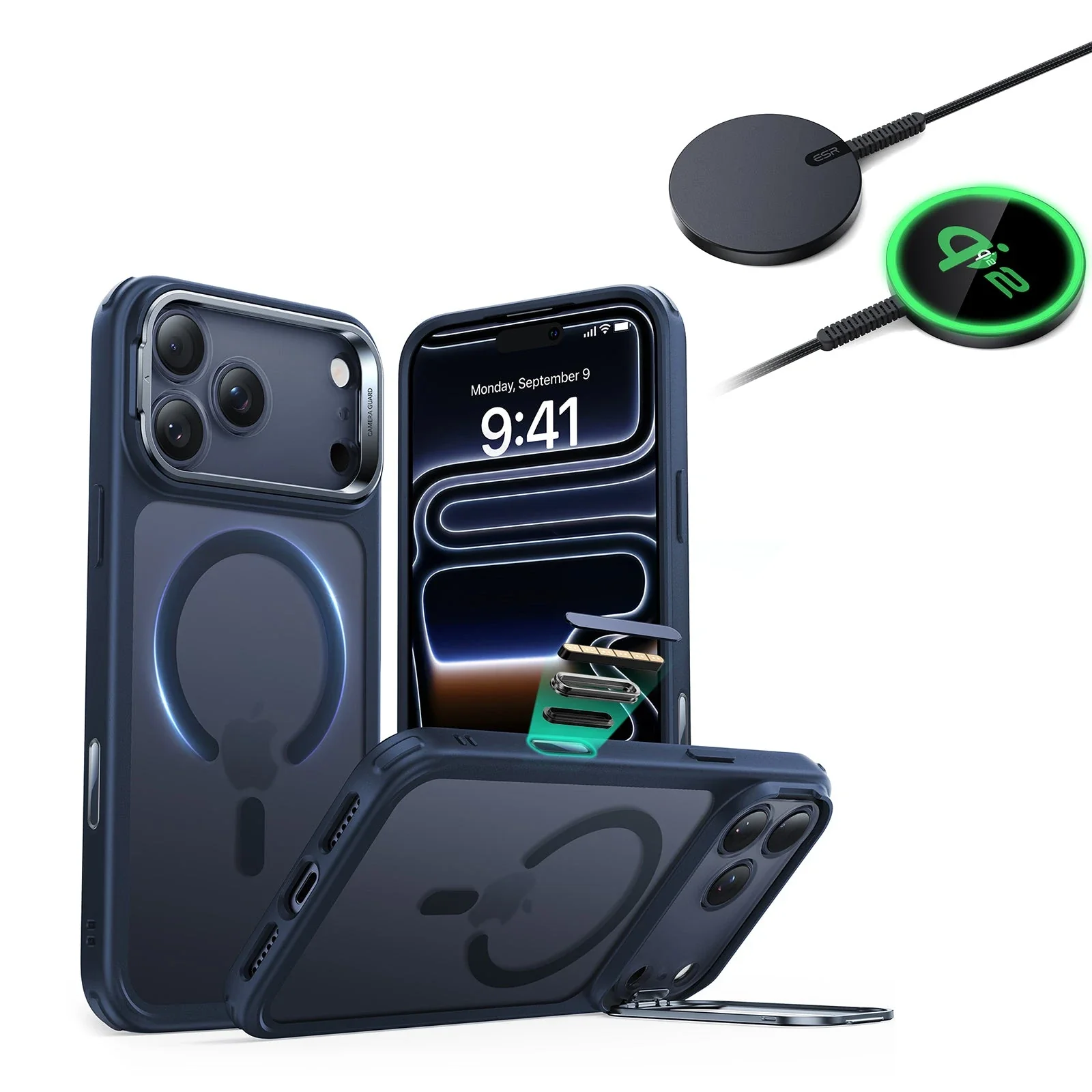 iPhone 17 Pro Bundle Classic Hybrid Magnetic Case (Camera Control, Stash Stand) and Magnetic Charging Pad (Qi2) - Frosted Blue