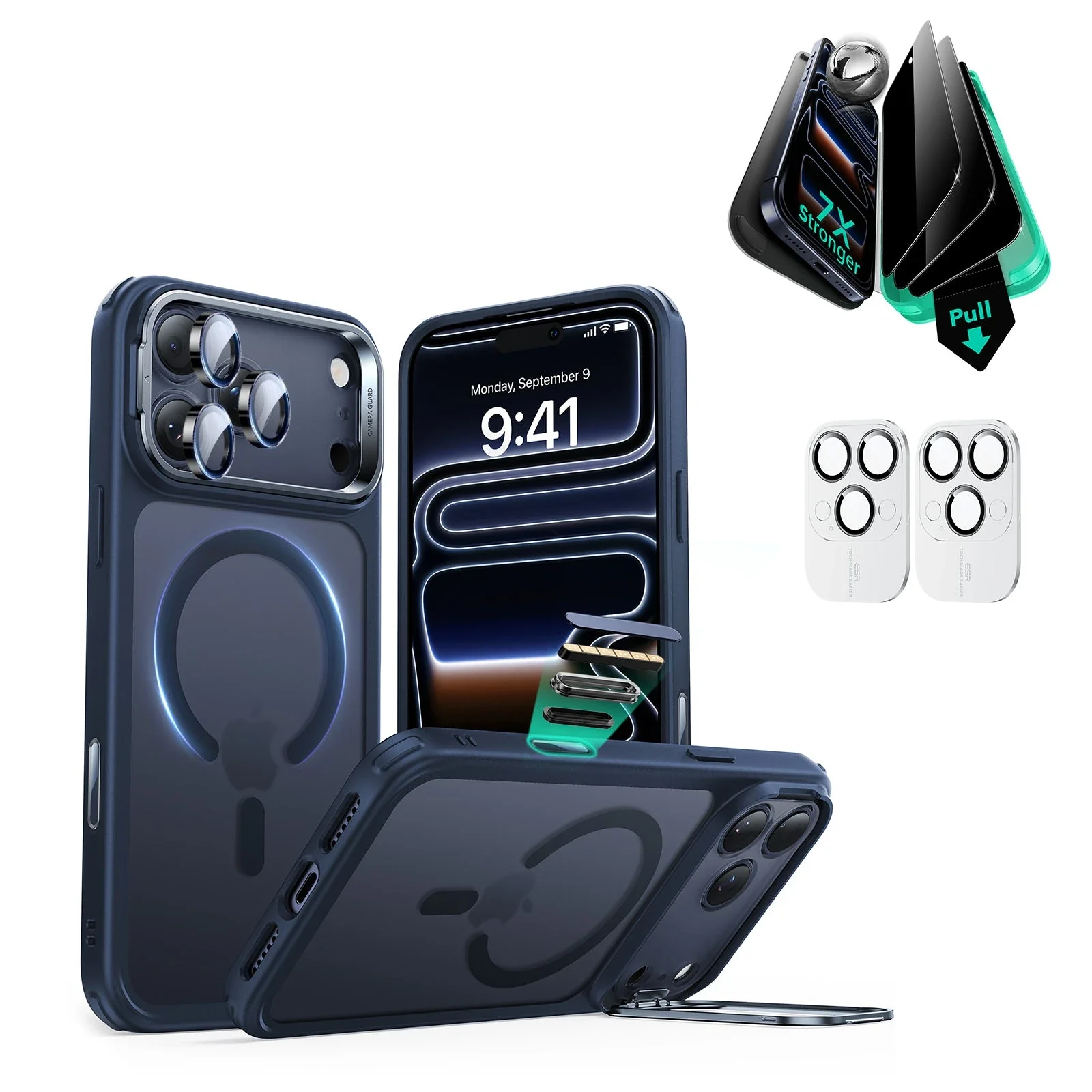 iPhone 17 Pro Bundle Classic Hybrid Magnetic Case (Camera Control, Stash Stand) and Armorite Privacy Screen Protector - Frosted Blue