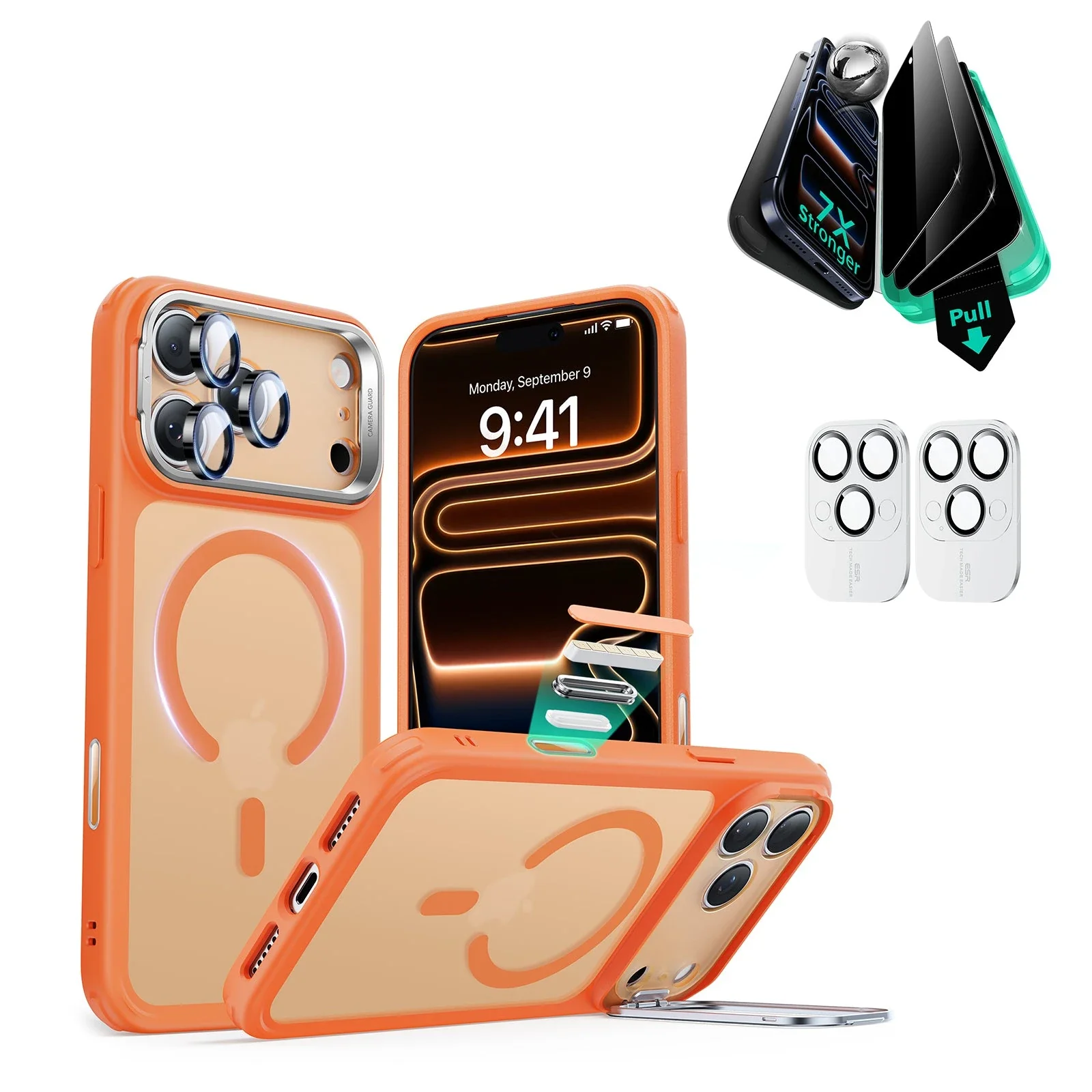 iPhone 17 Pro Max Bundle Classic Hybrid Magnetic Case (Camera Control, Stash Stand) and Armorite Privacy Screen Protector - Frosted Orange