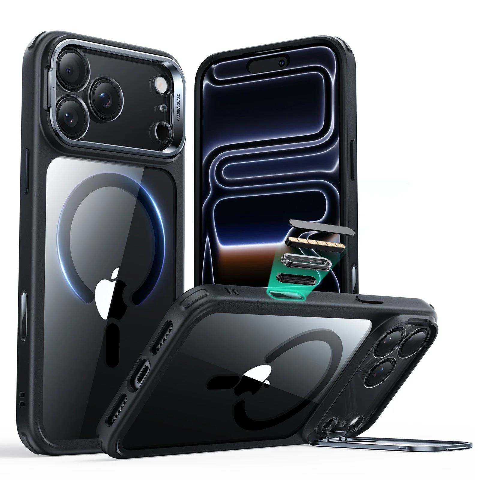 iPhone 17 Pro Max Classic Hybrid Magnetic Case (Camera Control, Stash Stand) - Clear Black