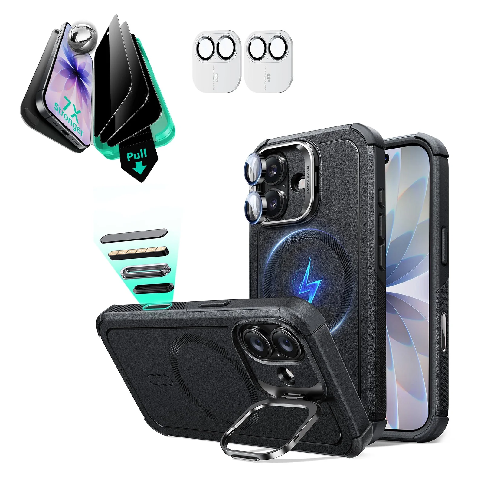 iPhone 17 Bundle Cyber Tough Magnetic Case (Camera Control, Stash Stand) and Armorite Privacy Screen Protector - Black