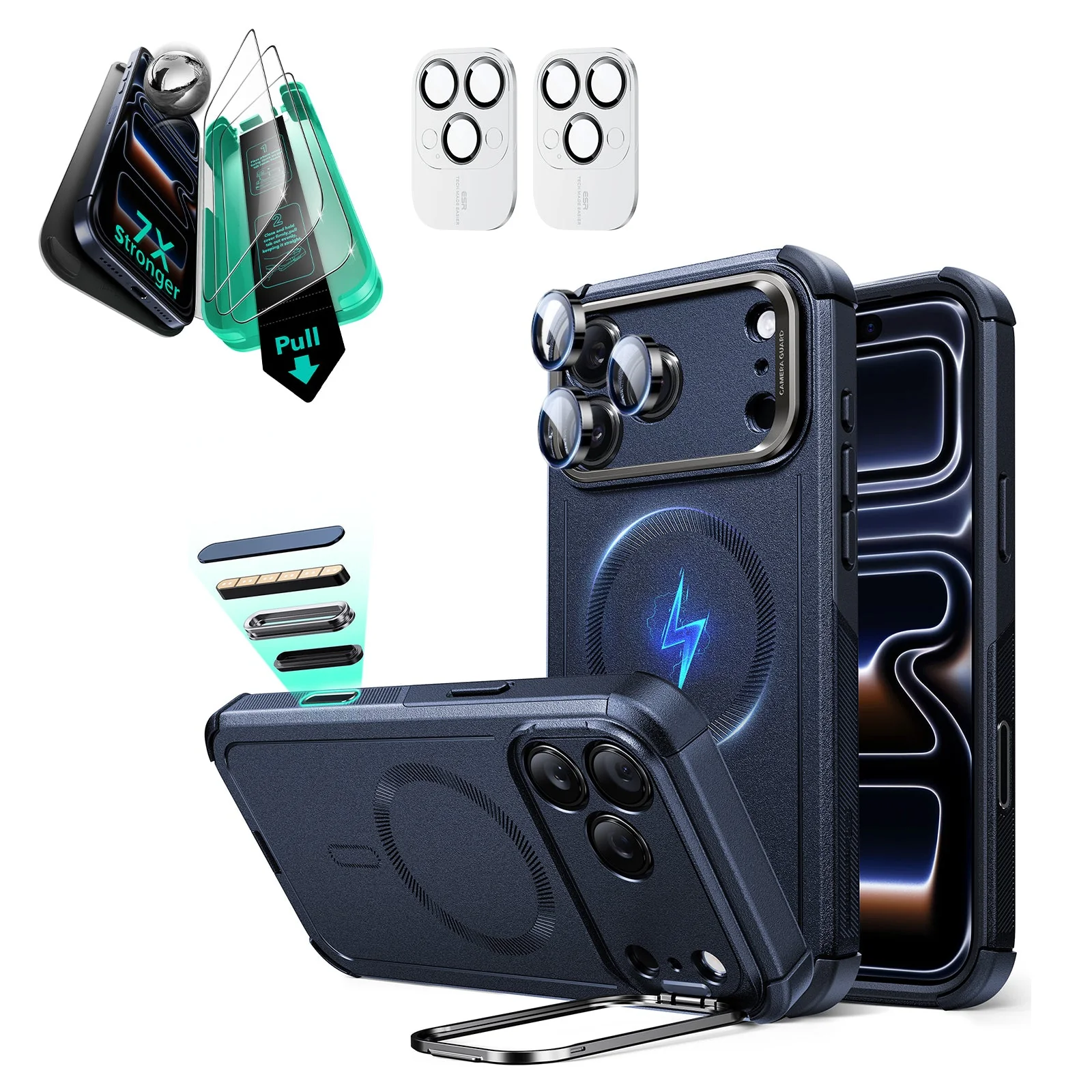 iPhone 17 Pro Max Bundle Cyber Tough Magnetic Case (Camera Control, Stash Stand) and Armorite Screen Protector - Navy Blue