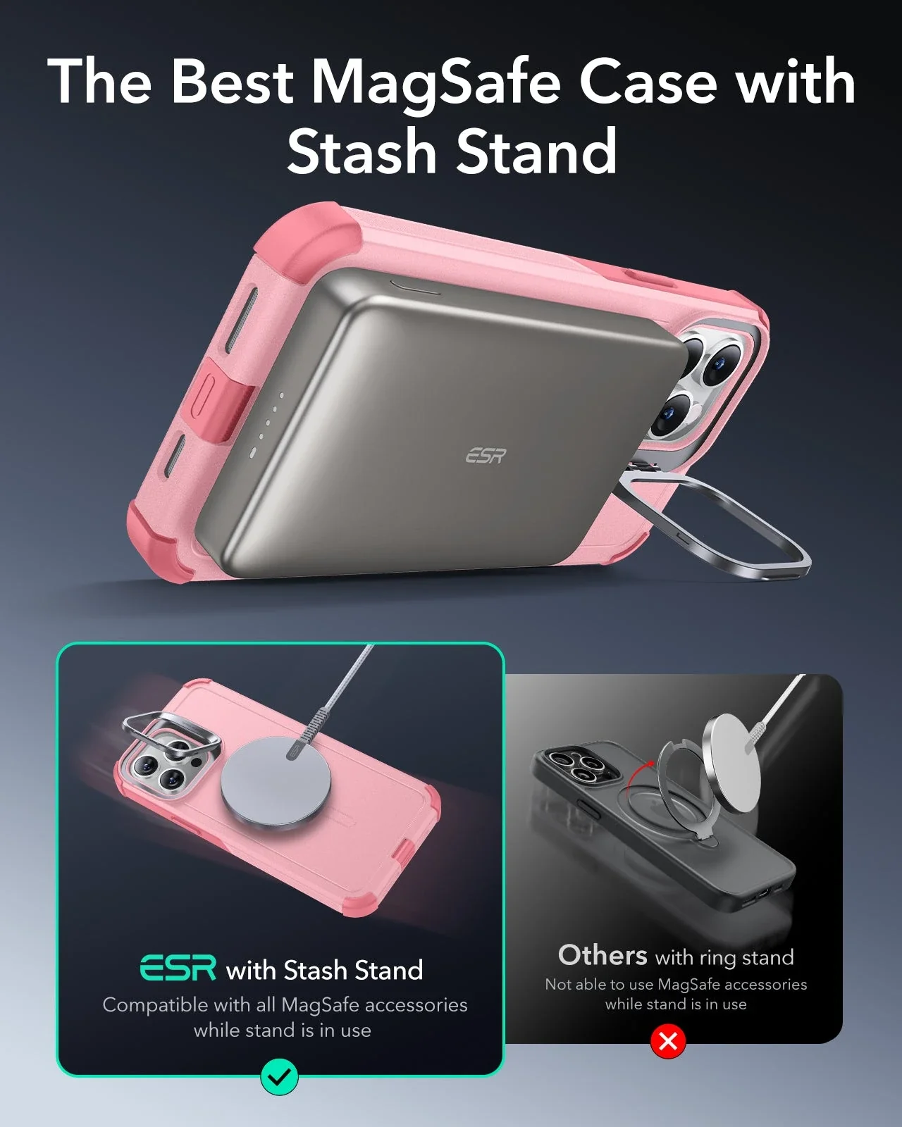 iPhone 13 Pro Cyber Tough Magnetic Case (Stash Stand) - Pink - Image 4