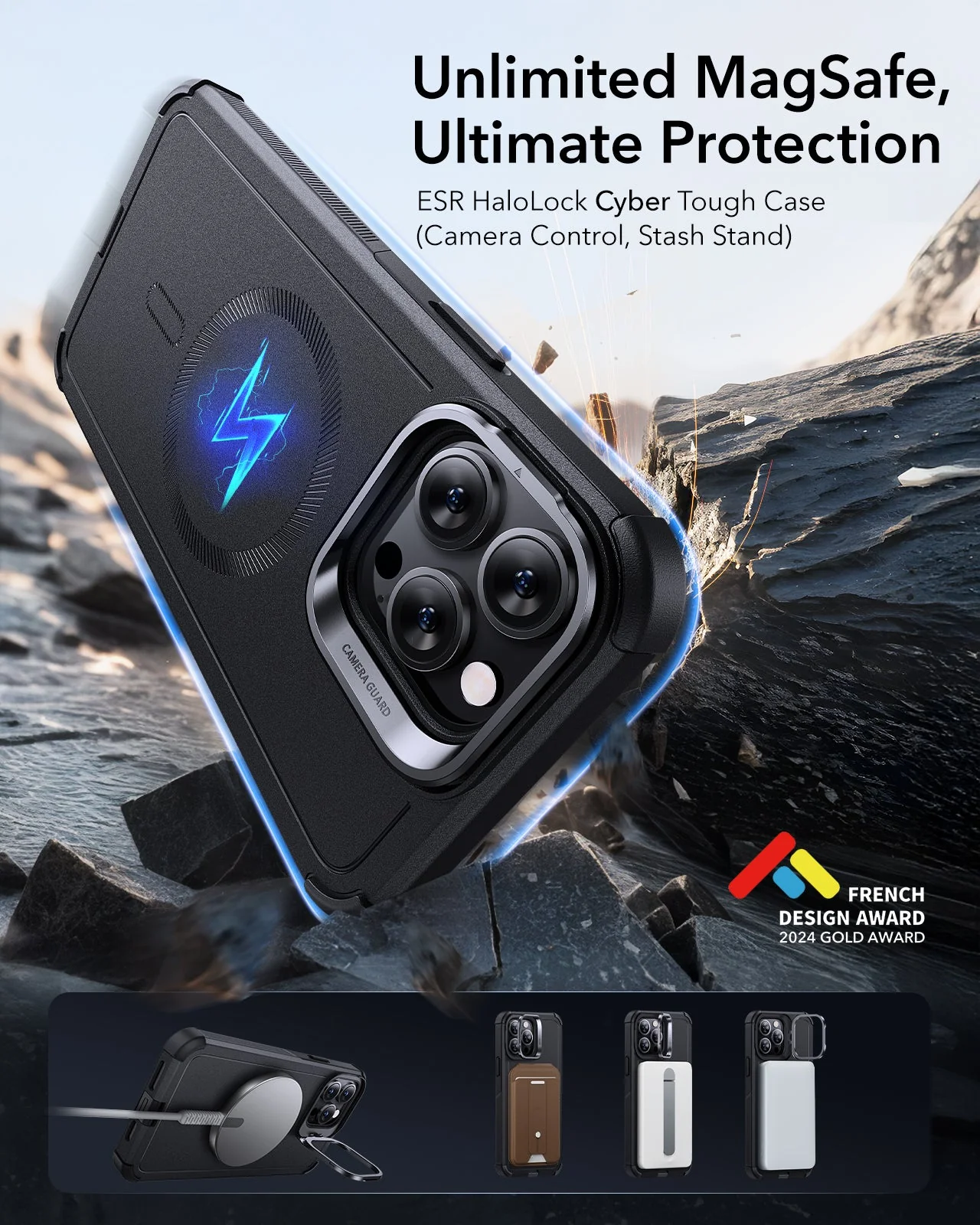 iPhone 13 Pro Max Cyber Tough Magnetic Case (Stash Stand) - Black - Image 4