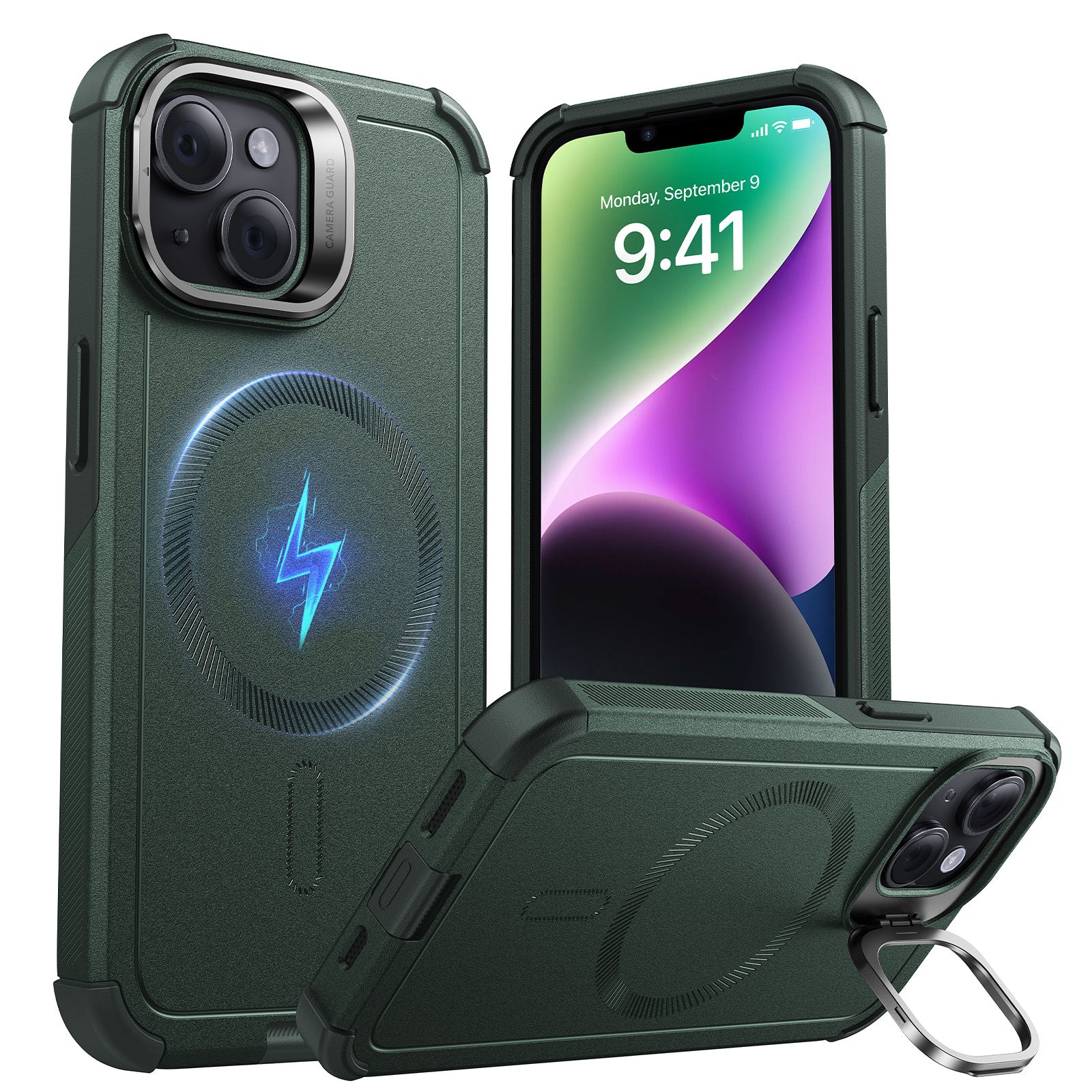 iPhone 14/13 Cyber Tough Magnetic Case (Stash Stand) - Green