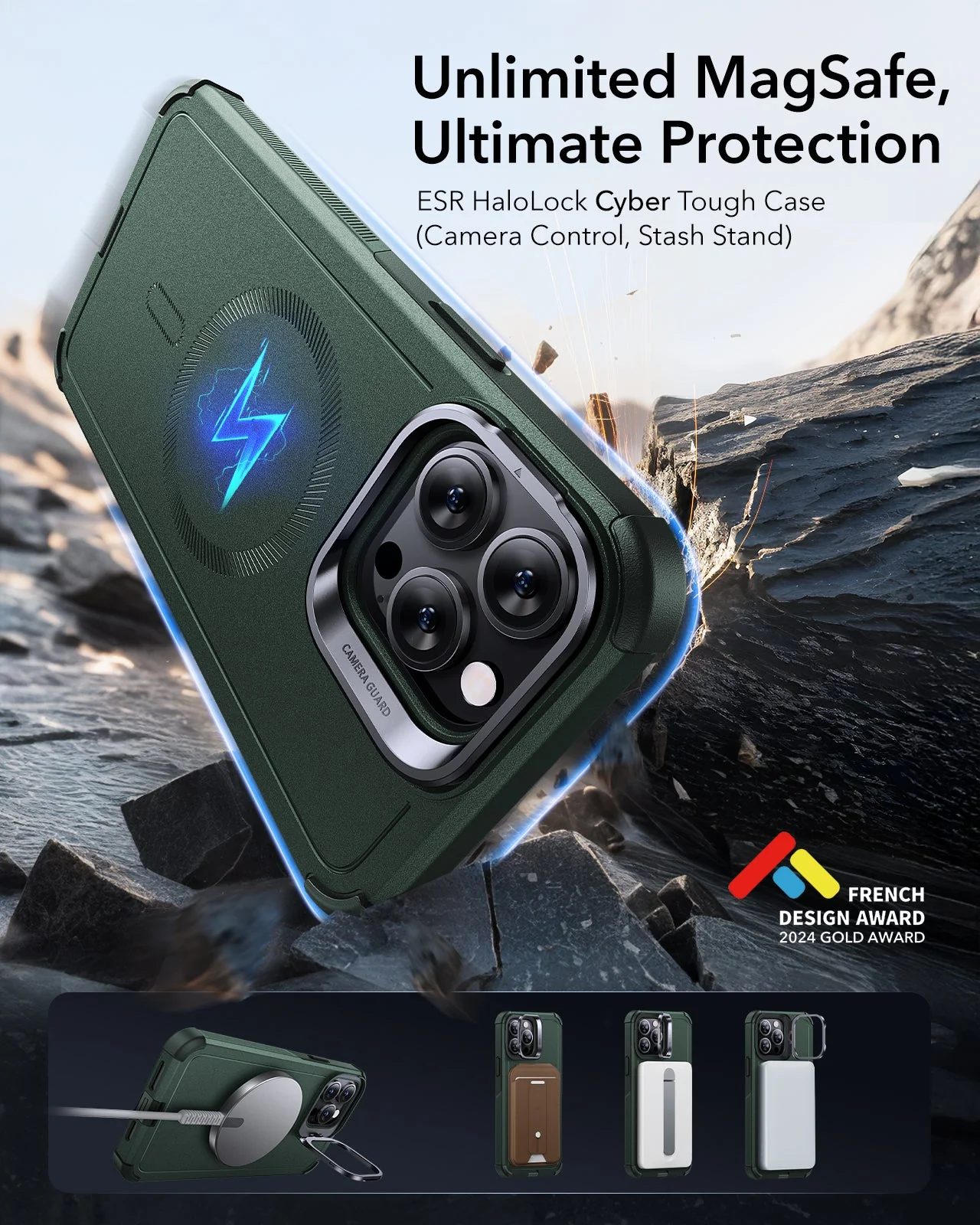 iPhone 14 Pro Cyber Tough Magnetic Case (Stash Stand) - Green - Image 2