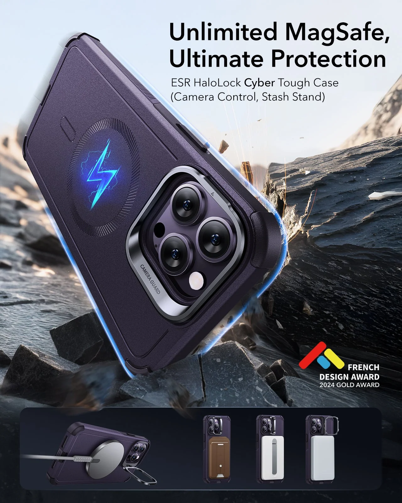 iPhone 14 Pro Cyber Tough Magnetic Case (Stash Stand) - Purple - Image 2