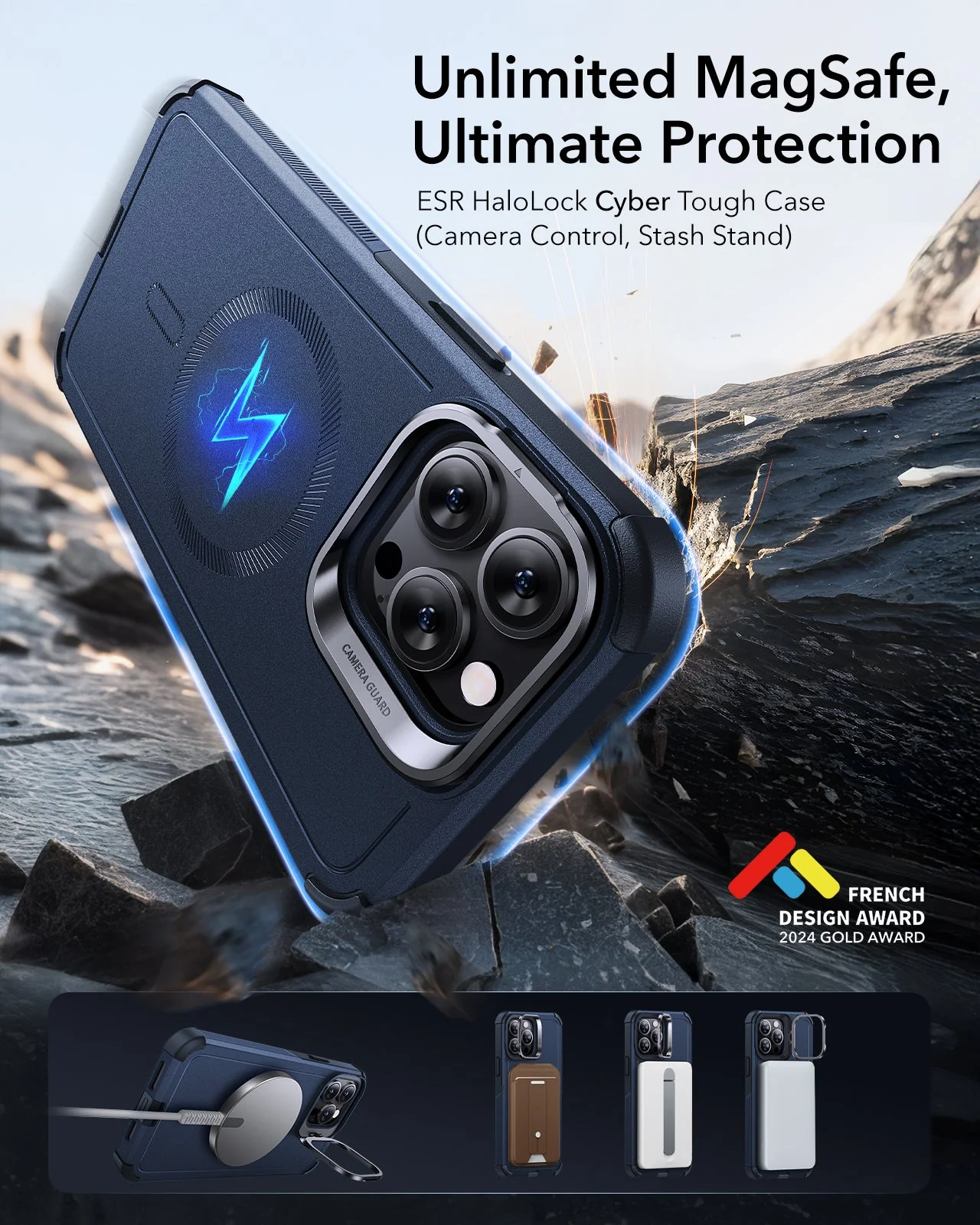 iPhone 14 Pro Max Cyber Tough Magnetic Case (Stash Stand) - Dark Blue - Image 2