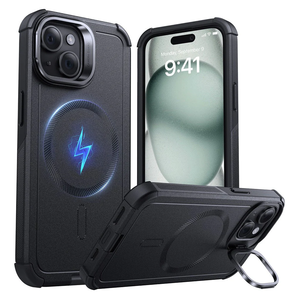 iPhone 15 Cyber Tough Magnetic Case with Stash Stand - Black
