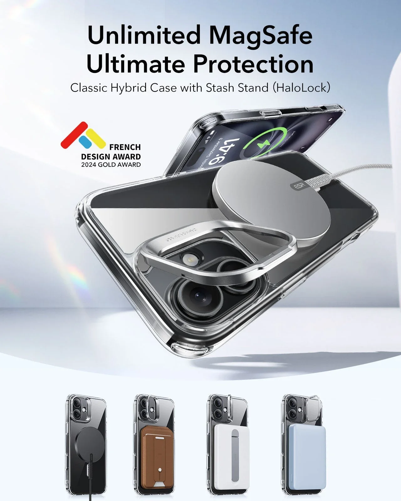 iPhone 16 Plus Classic Hybrid Case with Stash Stand (HaloLock) - Clear Black - Image 2