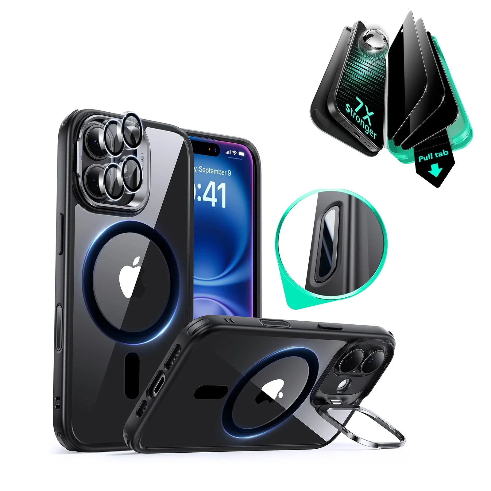 iPhone 16 Plus Classic Hybrid Magnetic Case (Camera Control, Stash Stand) & Privacy Screen Protector Bundle - Clear Black