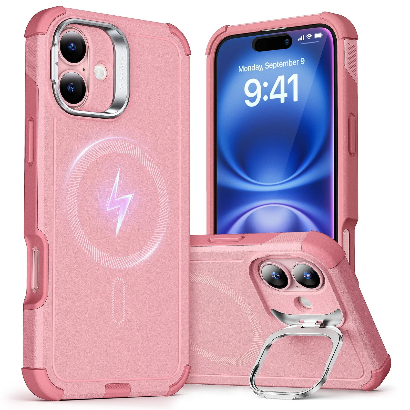 iPhone 16 Plus Cyber Tough Case with Stash Stand (HaloLock) - Pink