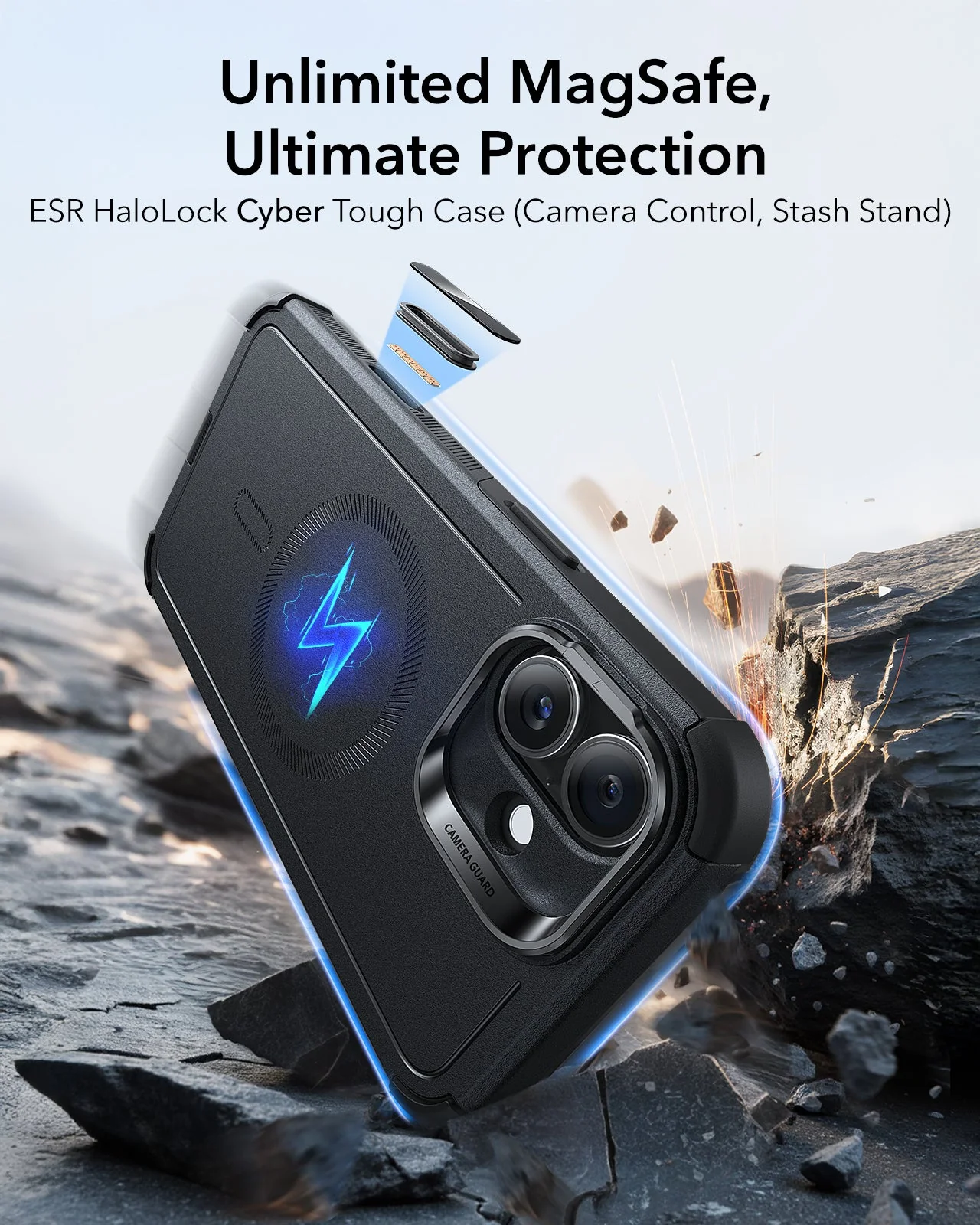 iPhone 16 Plus Cyber Tough Magnetic Case (Camera Control, Stash Stand) - Black - Image 2