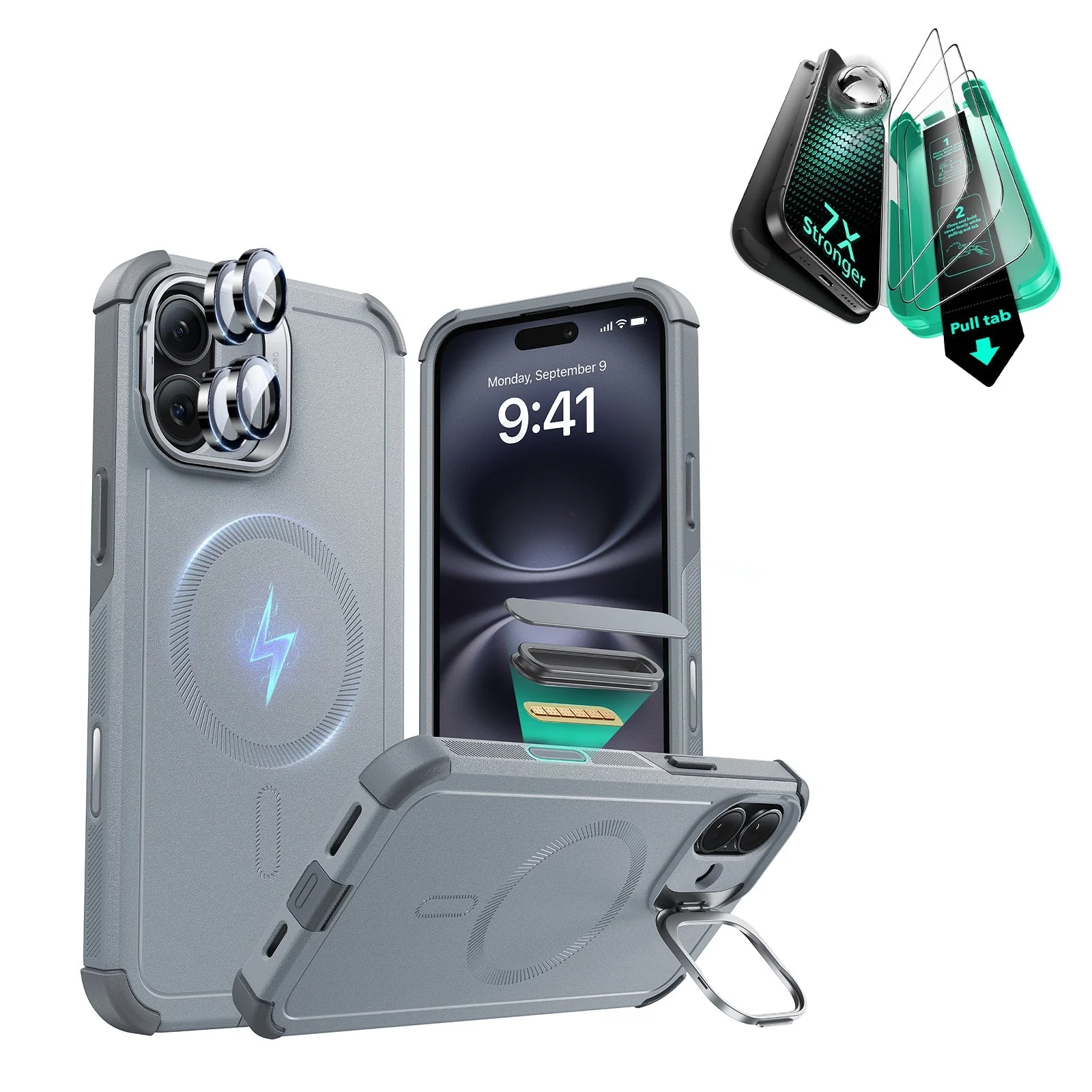 iPhone 16 Plus Cyber Tough Magnetic Case Protection Bundle (Camera Control, Stash Stand) - Clear Grey
