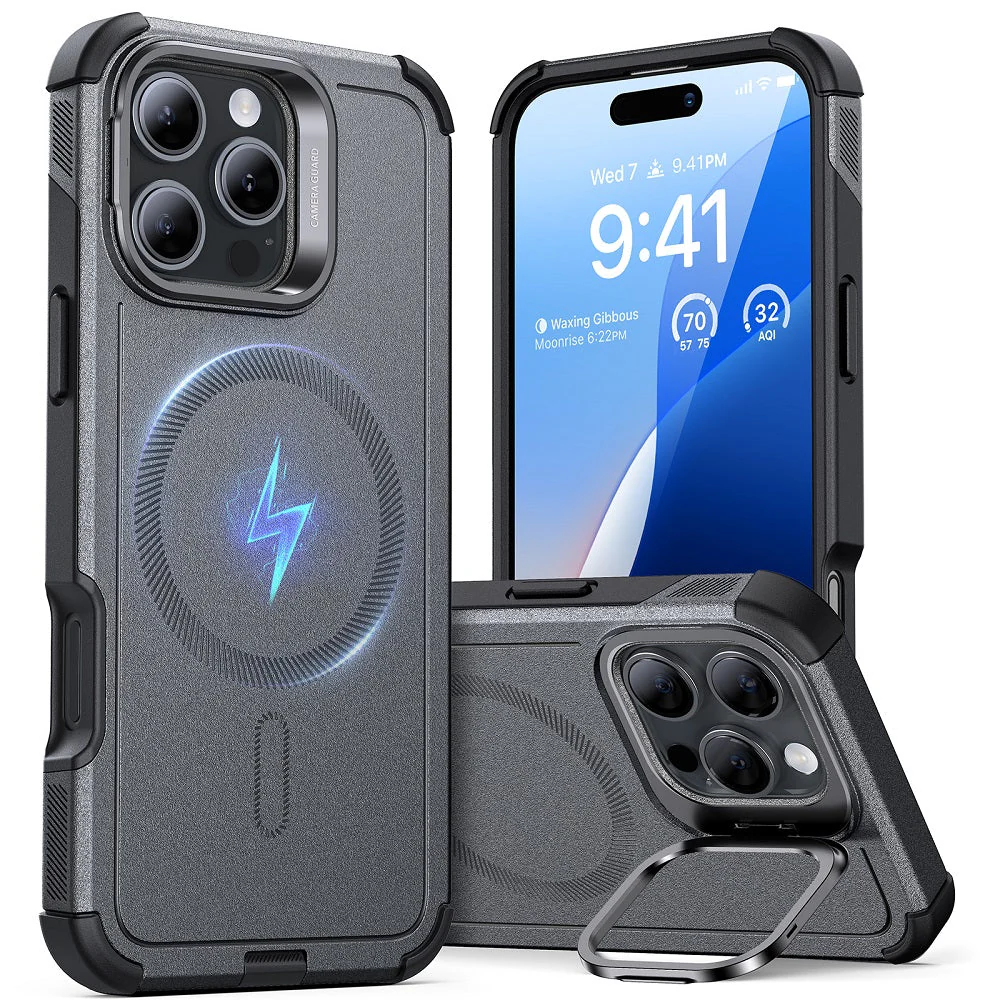 iPhone 16 Pro Cyber Tough Case with Stash Stand (HaloLock) - Gray