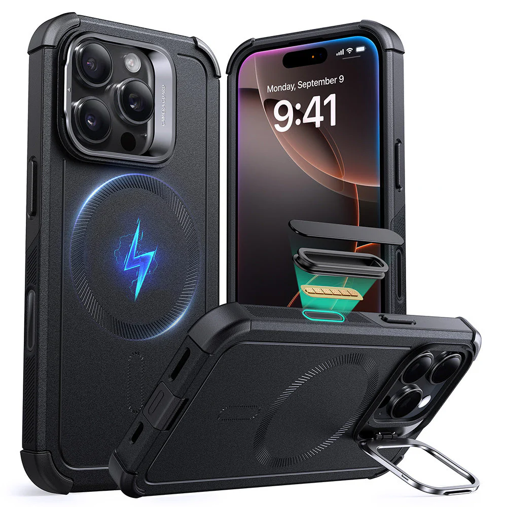 iPhone 16 Pro Cyber Tough Magnetic Case (Camera Control, Stash Stand) - Black