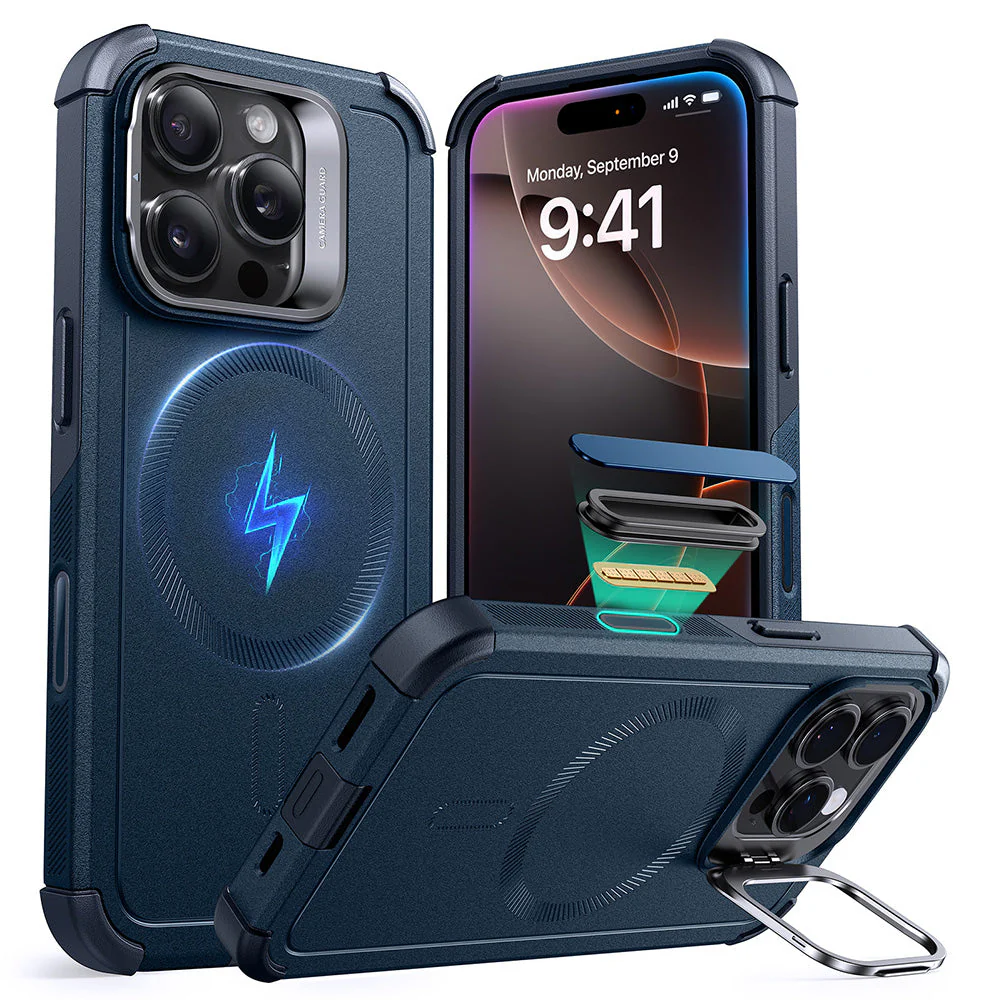 iPhone 16 Pro Cyber Tough Magnetic Case (Camera Control, Stash Stand) - Navy Blue