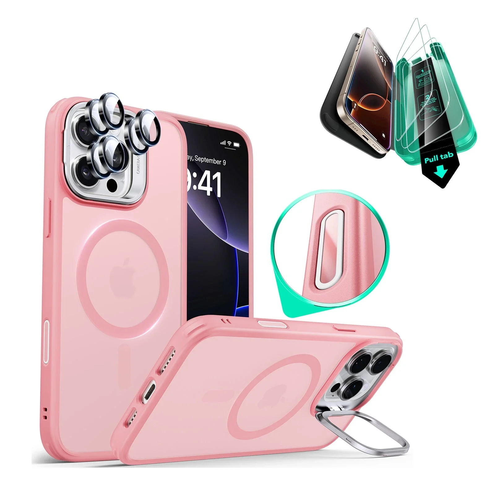 iPhone 16 Pro Classic Hybrid Magnetic Case Protection Bundle (Camera Control, Stash Stand) - Frosted Pink