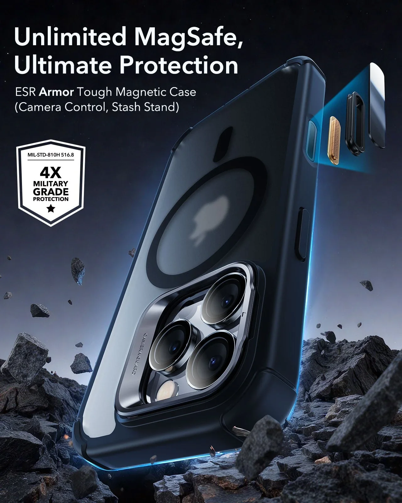 iPhone 16 Pro Max Armor Tough Magnetic Case (Camera Control, Stash Stand) - Frosted Black - Image 2