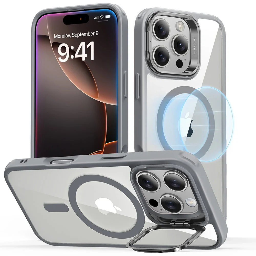 iPhone 16 Pro Max Classic Hybrid Case with Stash Stand (HaloLock) - Clear Grey