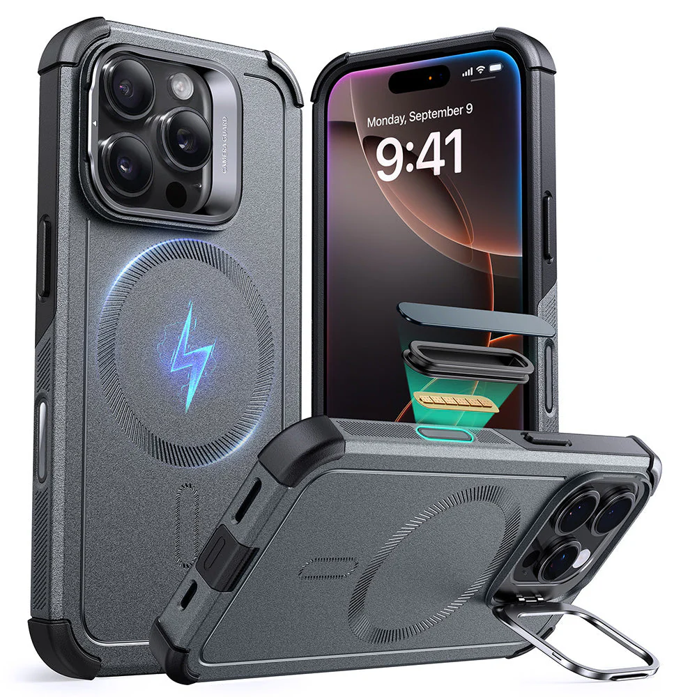 iPhone 16 Pro Max Cyber Tough Magnetic Case (Camera Control, Stash Stand) - Grey