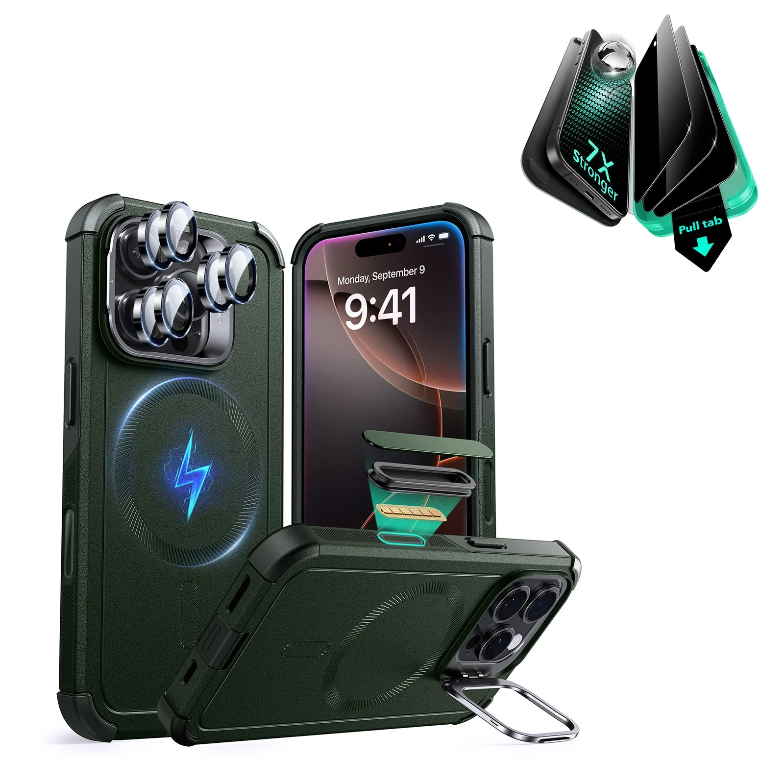 iPhone 16 Pro Max Cyber Tough Magnetic Case Privacy Protection Bundle (Camera Control, Stash Stand) - Army Green