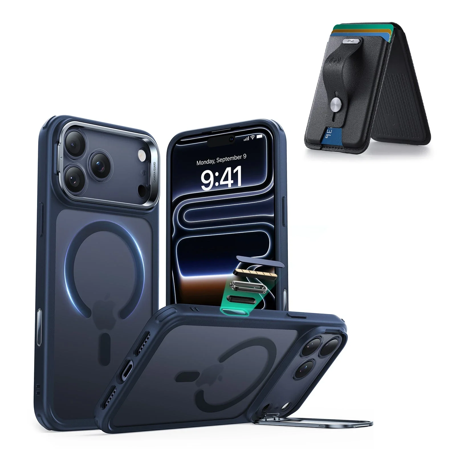 iPhone 17 Pro Max Classic Hybrid Magnetic Case (Camera Control, Stash Stand) with Wallet Stand Bundle - Frosted Blue