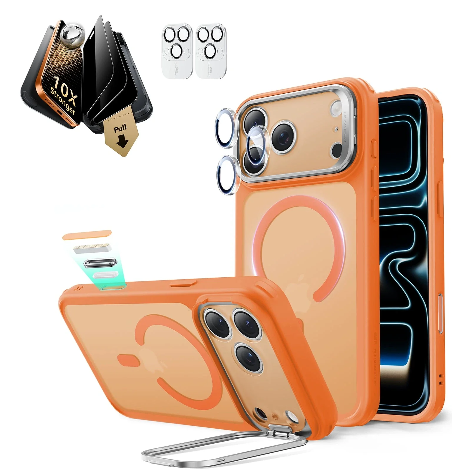 iPhone 17 Pro Max Bundle Classic Hybrid Magnetic Case (Stash Stand) and Armorite Pro Privacy Screen Protector - Frosted Orange