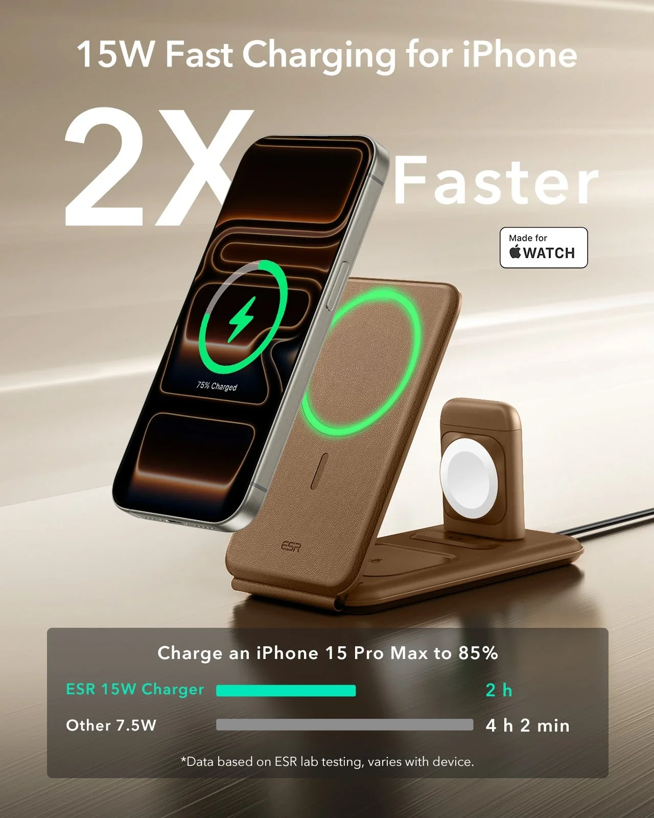 15W 3-in-1 Travel Wireless Charging Set - Brown - US Plug - Image 7