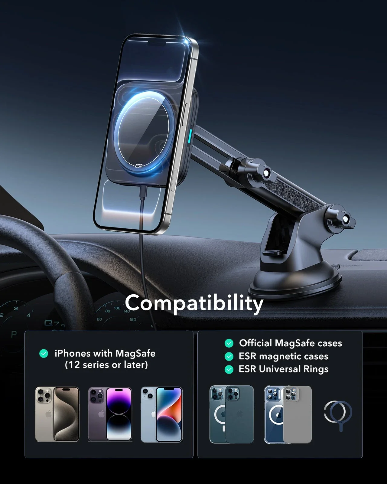 15W Dashboard Wireless Car Charger (HaloLock) - Black - Image 5