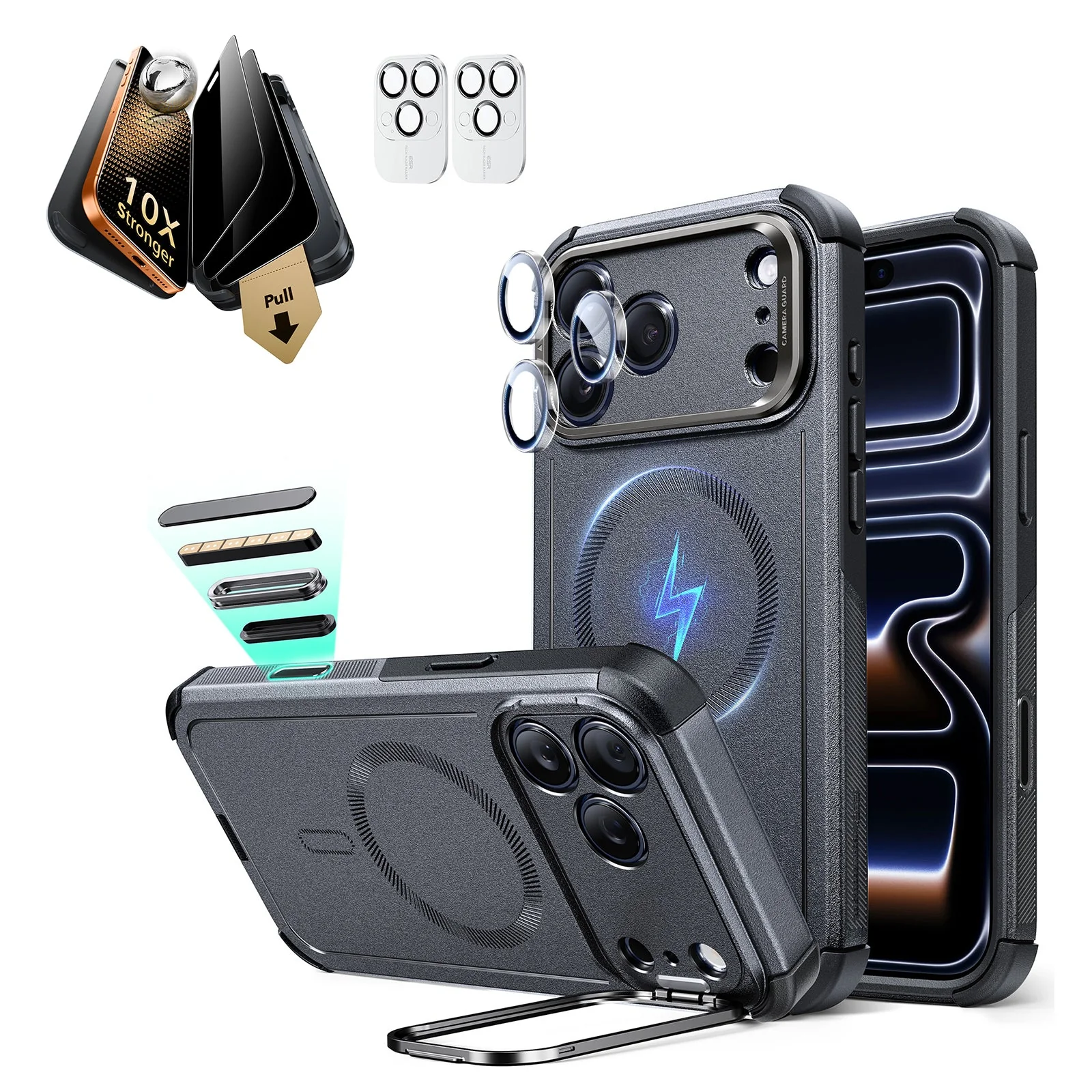 iPhone 17 Pro Bundle Cyber Tough Magnetic Case (Stash Stand) and Armorite Pro Privacy Screen Protector - Space Gray