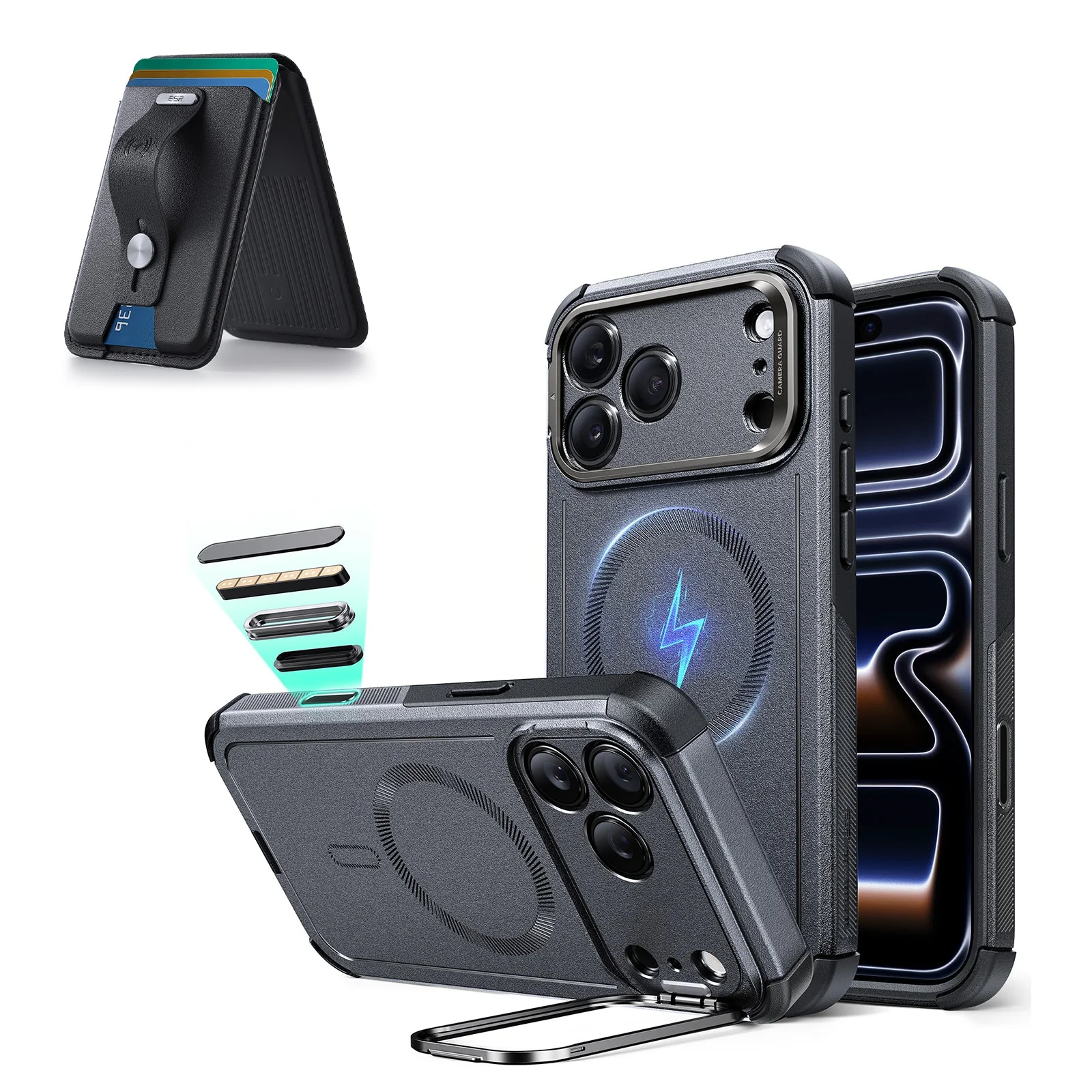 iPhone 17 Pro Max Cyber Tough Magnetic Case (Camera Control, Stash Stand) with Wallet Stand Bundle - Space Gray